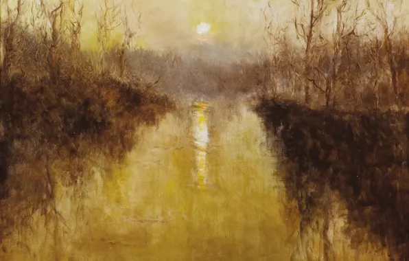 Sunset, river, Genre painting, PAL Fried, River landscape in France