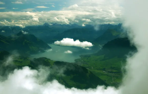 Clouds, mountains, nature, lake