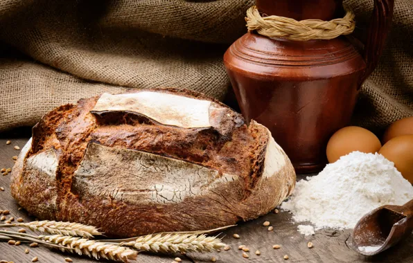 Table, eggs, bread, pitcher, cereals, flour