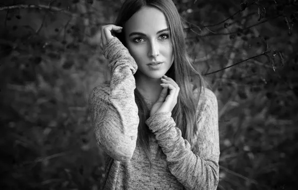 Look, branches, model, portrait, hands, makeup, hairstyle, black and white