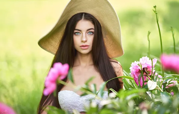 Picture flowers, pose, hair, Girl, hat, Andrew Levitan