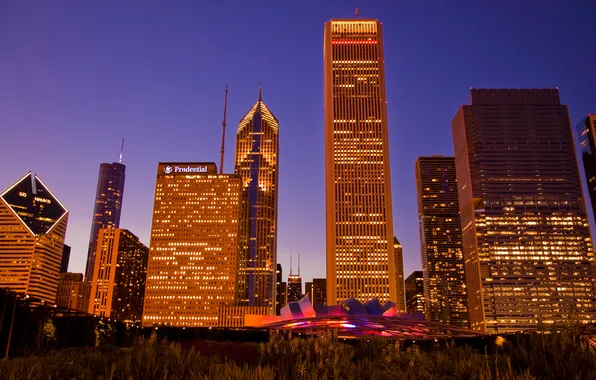 Picture lights, building, skyscrapers, the evening, America, Chicago, Chicago, USA