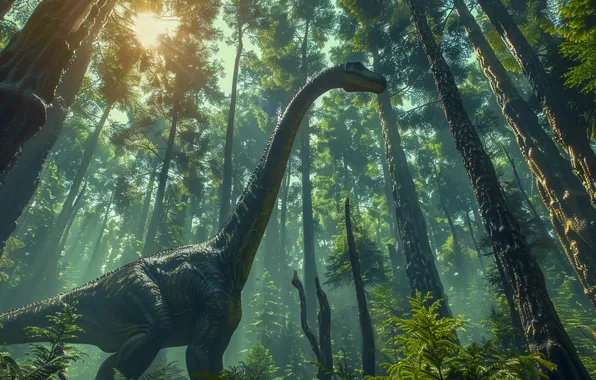 The sun, Trees, Dinosaur, Neck, Animal, Digital art, Ancient animals, Extinct animals