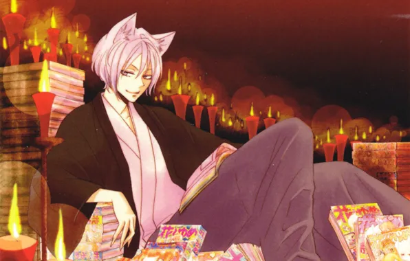 Smile, books, candles, manga, ears, grin, a lot, the demon-Fox