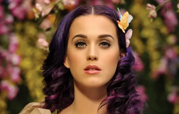 Picture girl, butterfly, face, hair, purple, Katy Perry, Katy Perry, singer
