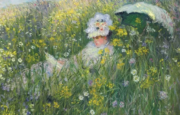 Grass, girl, flowers, nature, picture, umbrella, Claude Monet, In The Meadow