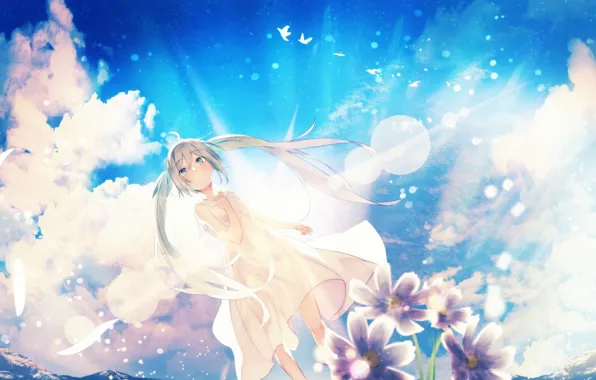 Summer, the sky, girl, the sun, rays, Hatsune Miku, Vocaloid, Vocaloid