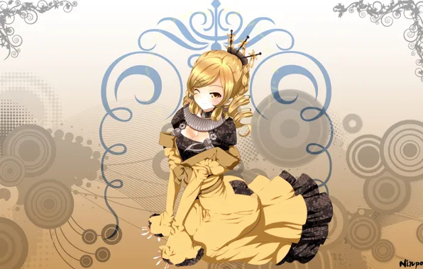 Girl, smile, dress, hairstyle, wink, ruffles, yellow, Ninpo