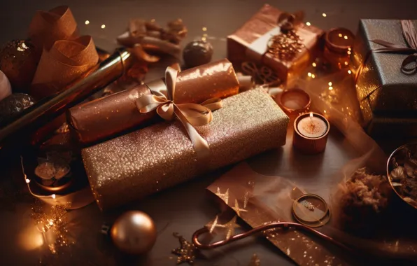 Tape, table, Christmas, gifts, New year, gold plated, bow, items
