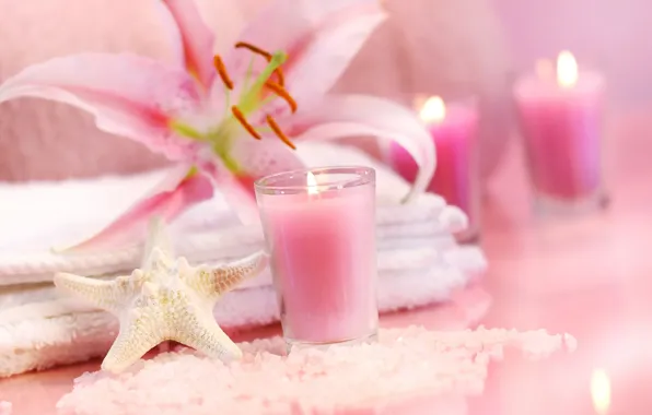 Picture flowers, flame, pink, Lily, candle, towel, crystals, starfish