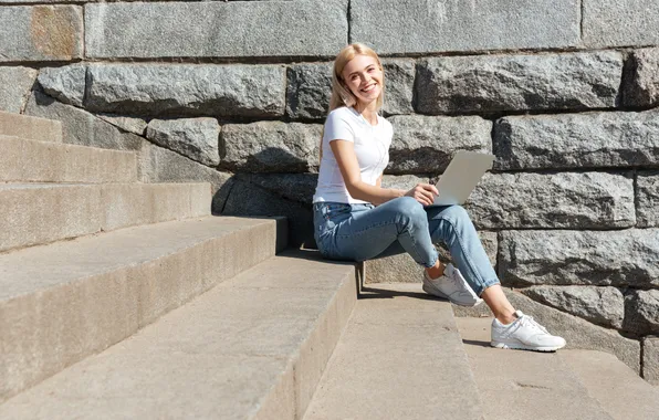 Woman, young, pretty, laptop, sitting, stairs