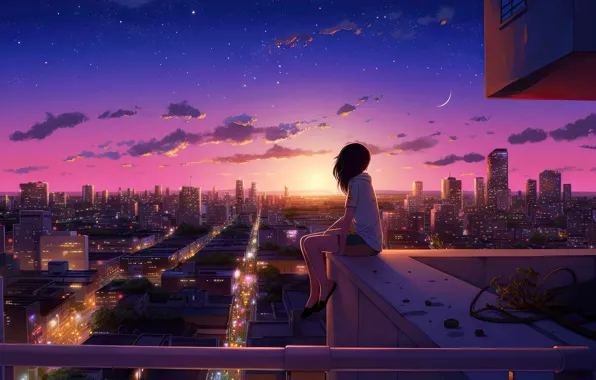 The sky, dreams, sunset, the city, lights, skyscrapers, the evening, horizon