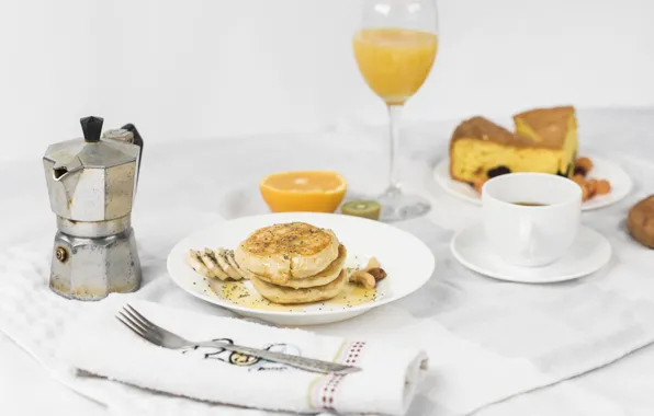 Coffee, Breakfast, juice, pancakes