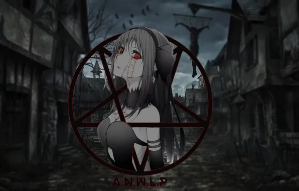 Girl, Gothic, blood, anime, pentagram, madskillz