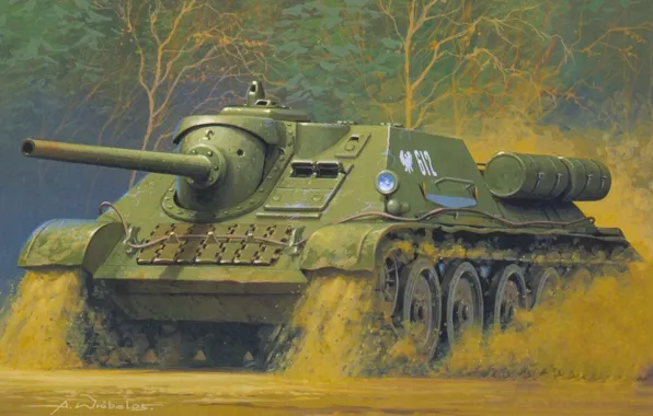Picture figure, art, self-propelled artillery, Soviet, actively, fighters, tanks, SU-85