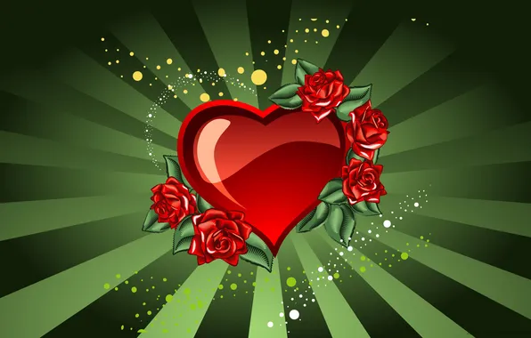 Love, red, green, heart, roses, art, love, Valentine's day