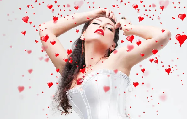 Girl, face, hands, makeup, white background, corset, red lips, hair long