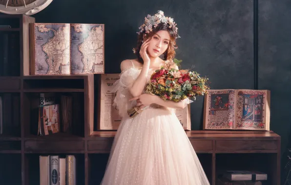 Girl, flowers, pose, room, books, map, interior, bouquet