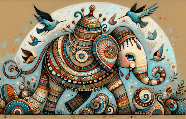 Birds, patterns, elephant, styling, ornament, bell, AI art, neural network