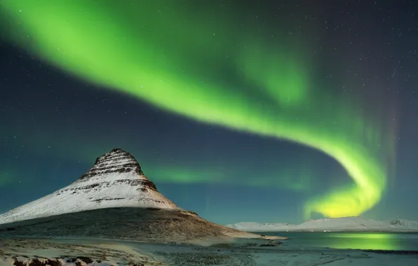 Snow, night, mountain, Northern lights, Iceland, Kirkjufell