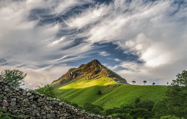 Picture clouds, mountains, stones, the fence, England, The lake district, Barrow