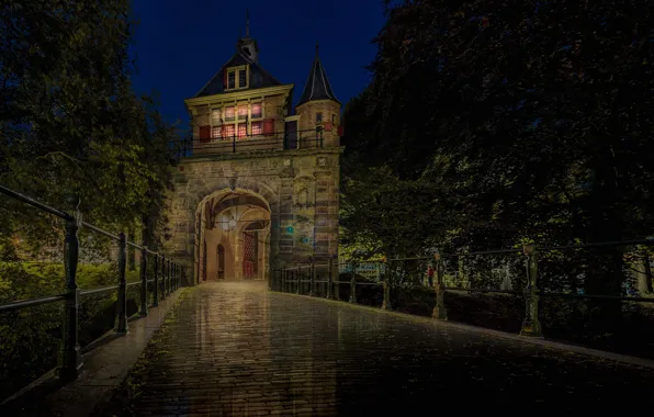 Night, lights, tower, gate, Netherlands, Horn