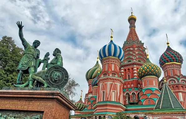 The sky, monument, Moscow, Cathedral, temple, St. Basil's Cathedral, Russia, Monument to Minin and Pozharsky