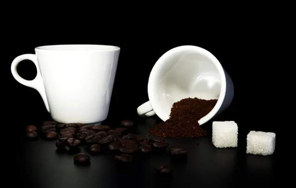 Coffee, grain, sugar, mugs, ground