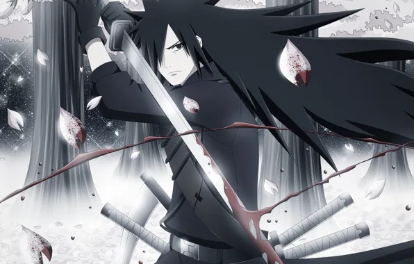 Blood, sword, petals, guy, Naruto, Naruto, Madara Uchiha