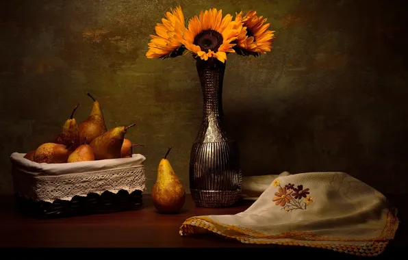 Sunflowers, flowers, the dark background, table, bouquet, vase, fruit, still life