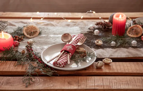 Balls, branches, Board, candles, fruit, plate, Christmas, spoon