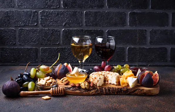 Wine, cheese, grapes, figs