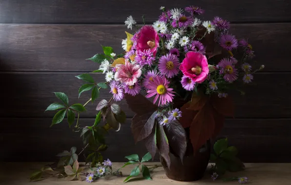 Leaves, flowers, branches, the dark background, table, Board, bouquet, vase