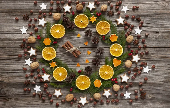 Decoration, oranges, cookies, Christmas, New year, christmas, nuts, new year