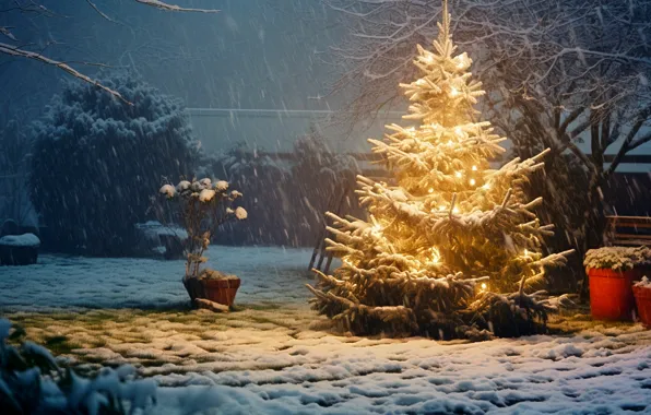 Winter, snow, decoration, night, lights, lights, balls, tree