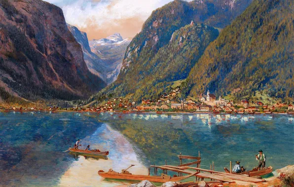 Home, Mountains, Lake, People, Boats, Picture, Austrian artist, Anton Paul Heilmann