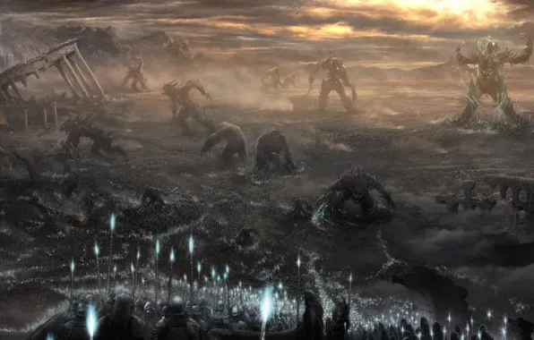 The sky, light, mountains, people, plain, art, monsters, ruins