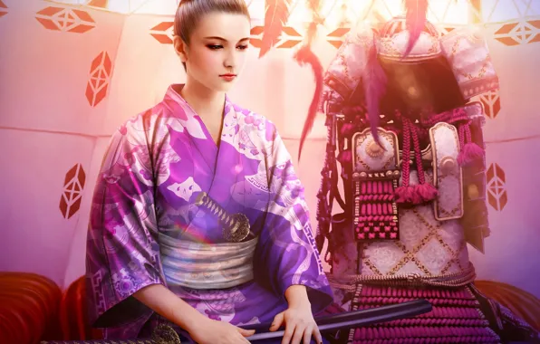 Girl, sword, katana, art, armor, kimono, mario wibisono, legend of the five rings