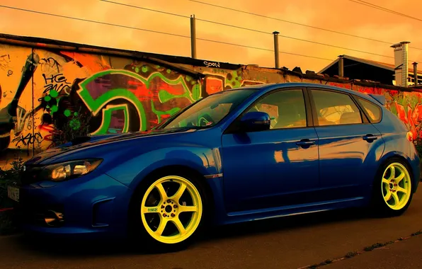 Wall, the fence, Subaru, Impreza, Subaru, Impreza, graffiti