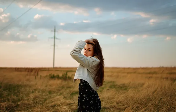 Girl, grass, sky, long hair, field, clouds, model, brunette
