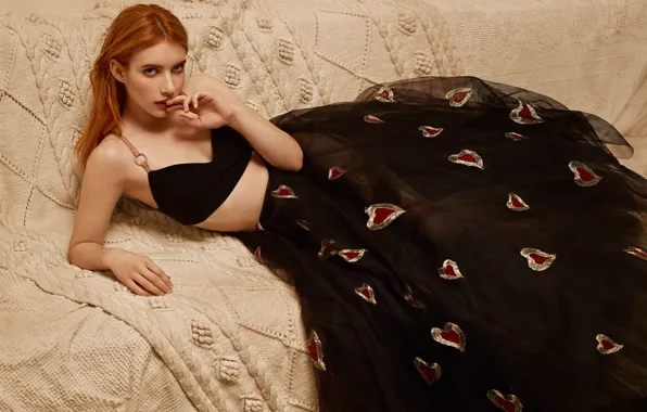 Look, sofa, dress, actress, red, bra, beautiful, Emma Roberts