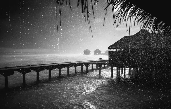 Night, rain, the ocean, Bungalow, Rain, Maldives, Fuji, Pris
