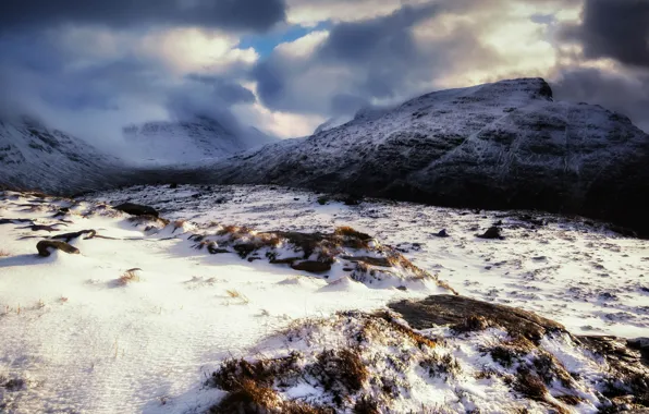 Picture the sky, clouds, snow, mountains, clouds, stones, gloomy sky
