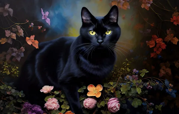 Picture cat, cat, look, flowers, pose, black, legs, garden