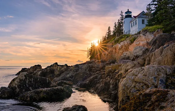 Sea, the sky, the sun, clouds, rays, sunset, house, stones
