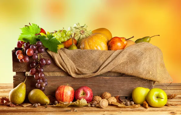 Picture autumn, apples, harvest, grapes, pumpkin, fruit, nuts, box