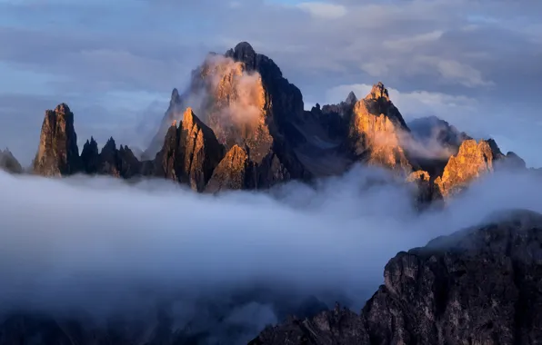 Picture the sky, clouds, mountains, nature, fog, rocks, morning, Alps