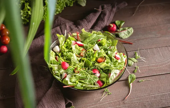 Greens, glass, leaves, green, table, Board, towel, bowl