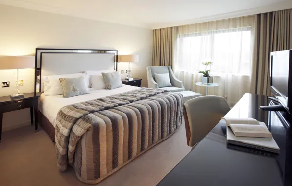 Bed, pillow, TV, window, table, table, bedroom