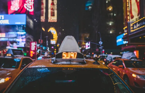 Picture winter, glass, drops, snow, lights, street, New York, taxi